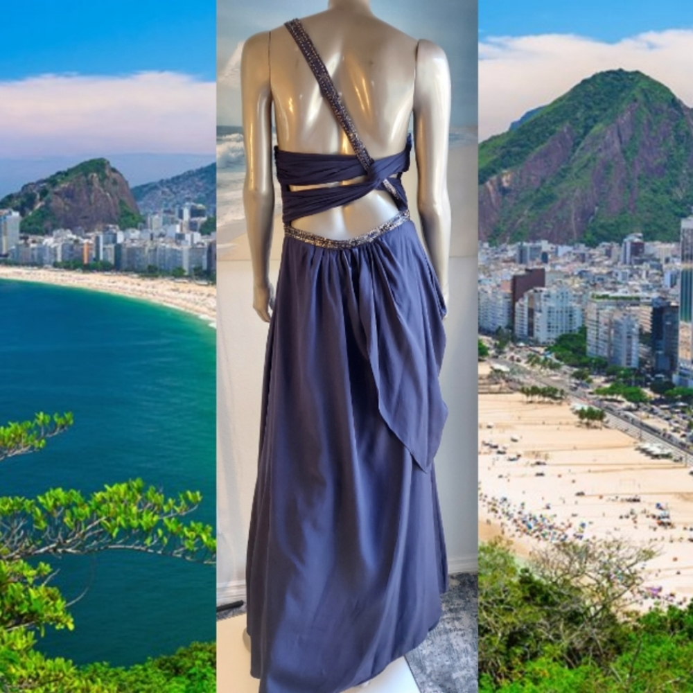 □$1,400 CARLOS MIELE BLUE CRYSTAL BEAD SILK RUNWAY GOWN M L - Picture 7 of 9